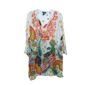 Y2K Aqua Blue Embroidered Tunic Top XL Gauzy Semi Sheer Preppy 100% Cotton
